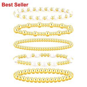 14K Gold Plated Beaded Bracelets Stack, Stretch Ball Cross Pearl Set